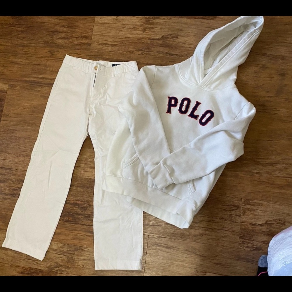 Lot of 2 Polo Ralph Lauren Boy's Size Large White Pants & White Hoodie